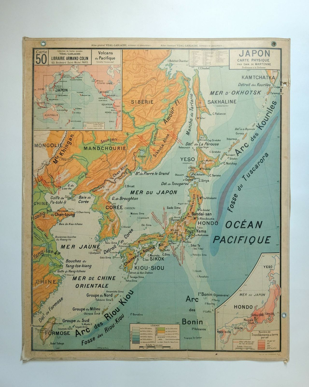 Original Mid Century Large Vintage French Educational School Wall Chart Japan Korea Korean Peninsula Map Vidal Lablache photo vinterior