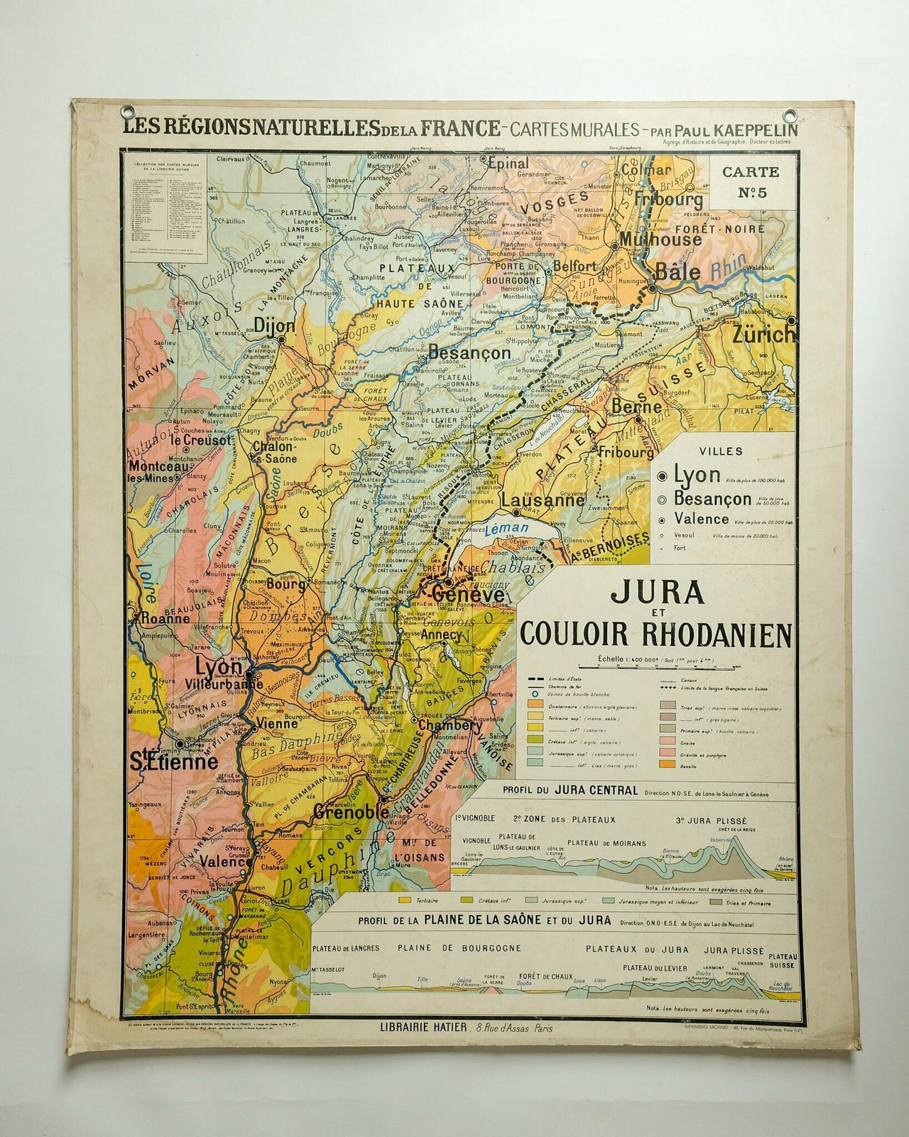 Original 1950s Large Vintage French Educational School Wall Chart Jura Double Sided Map Beautiful Rare Paul Kaeppelin Lyon Geneva Grenoble
