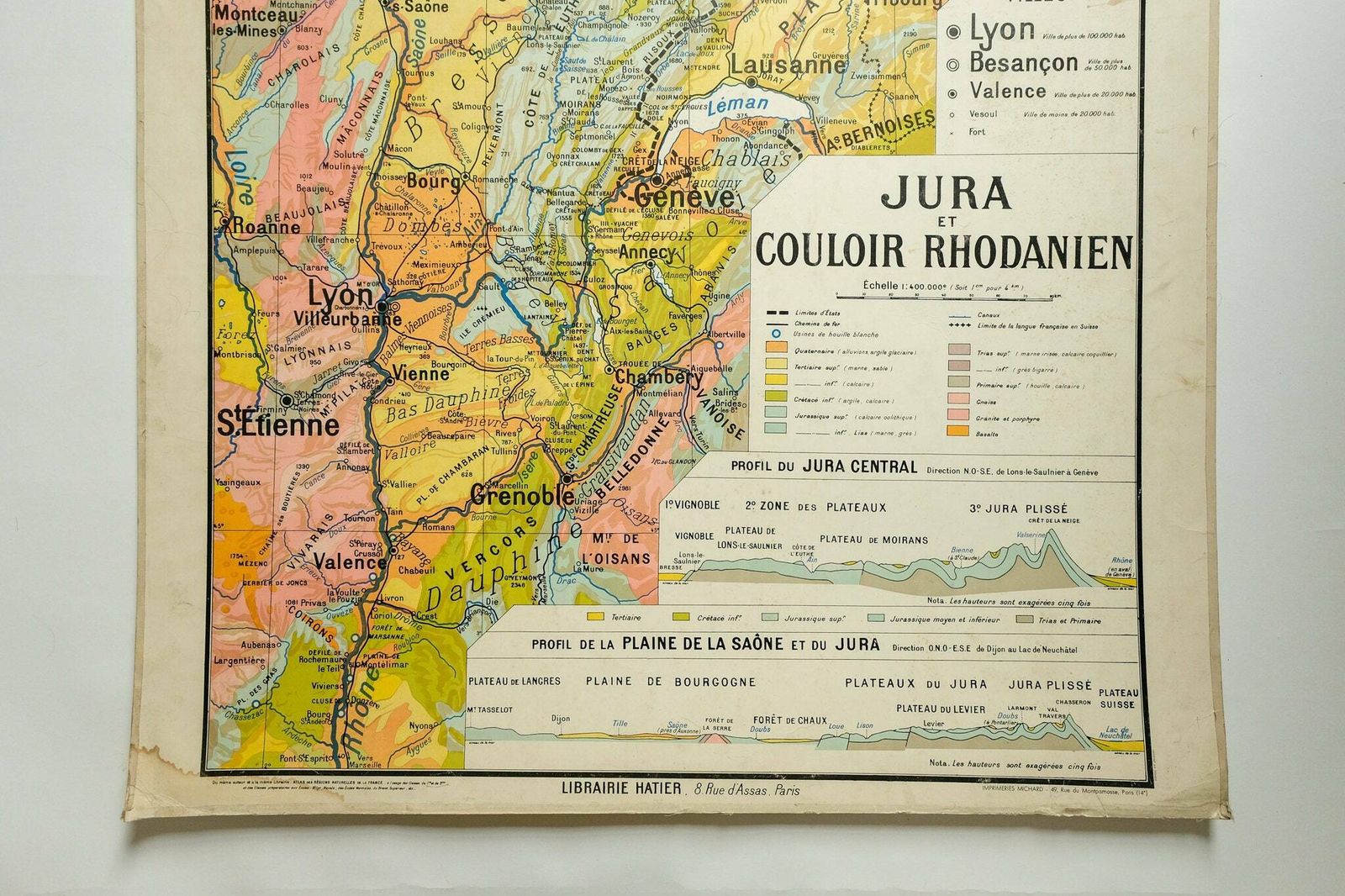 Original 1950s Large Vintage French Educational School Wall Chart Jura Double Sided Map Beautiful Rare Paul Kaeppelin Lyon Geneva Grenoble photo furniture