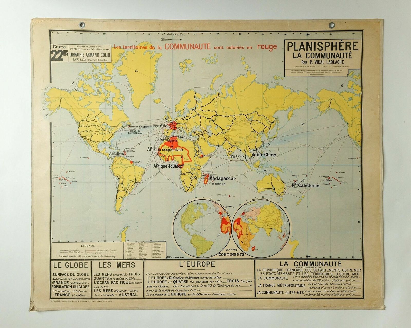 Original Large Vintage French Educational School Wall Chart World Map Planisphere Territories Quirky Beautiful Rare Vidal Lablache
