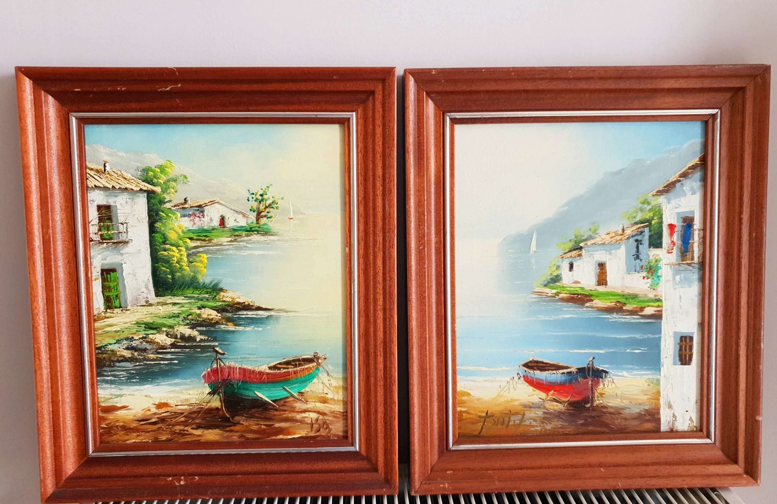 Pair Of Wood Framed Oil On Canvas Paintings Of Mediterranean Fishing Boat Scenes photo for sale