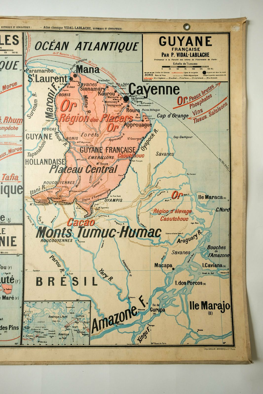 Original Large Vintage Mid Century Double Sided French School Wall West Africa Guyana New Caledonia Antilles Map Rare Vidal Lablache photo for sale