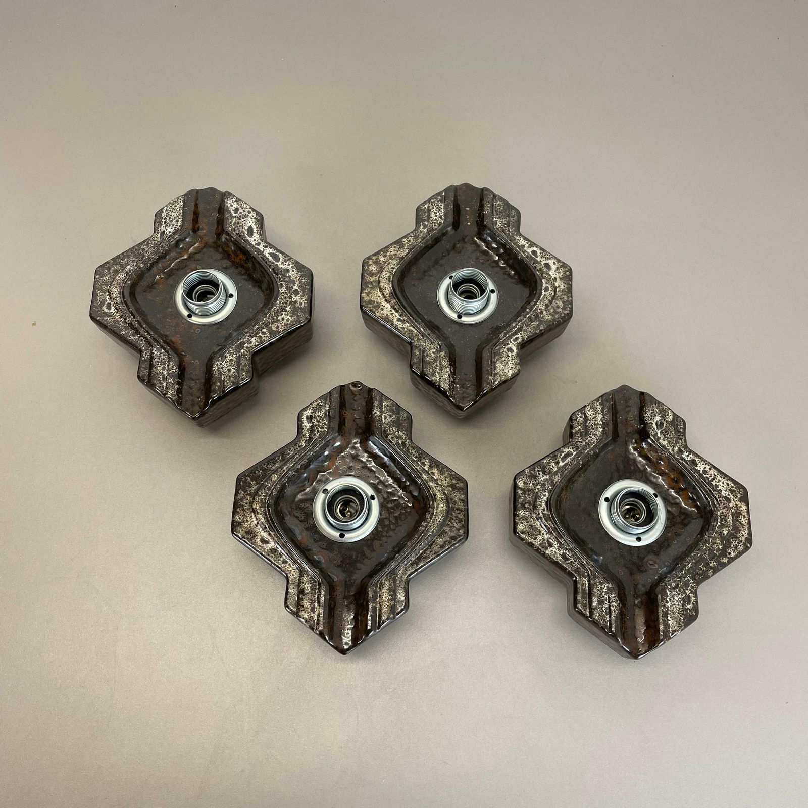 Set Of Four Brown Beigeceramic Fat Lava Wall Lights By Pan Ceramics Germany 1970 photo furniture