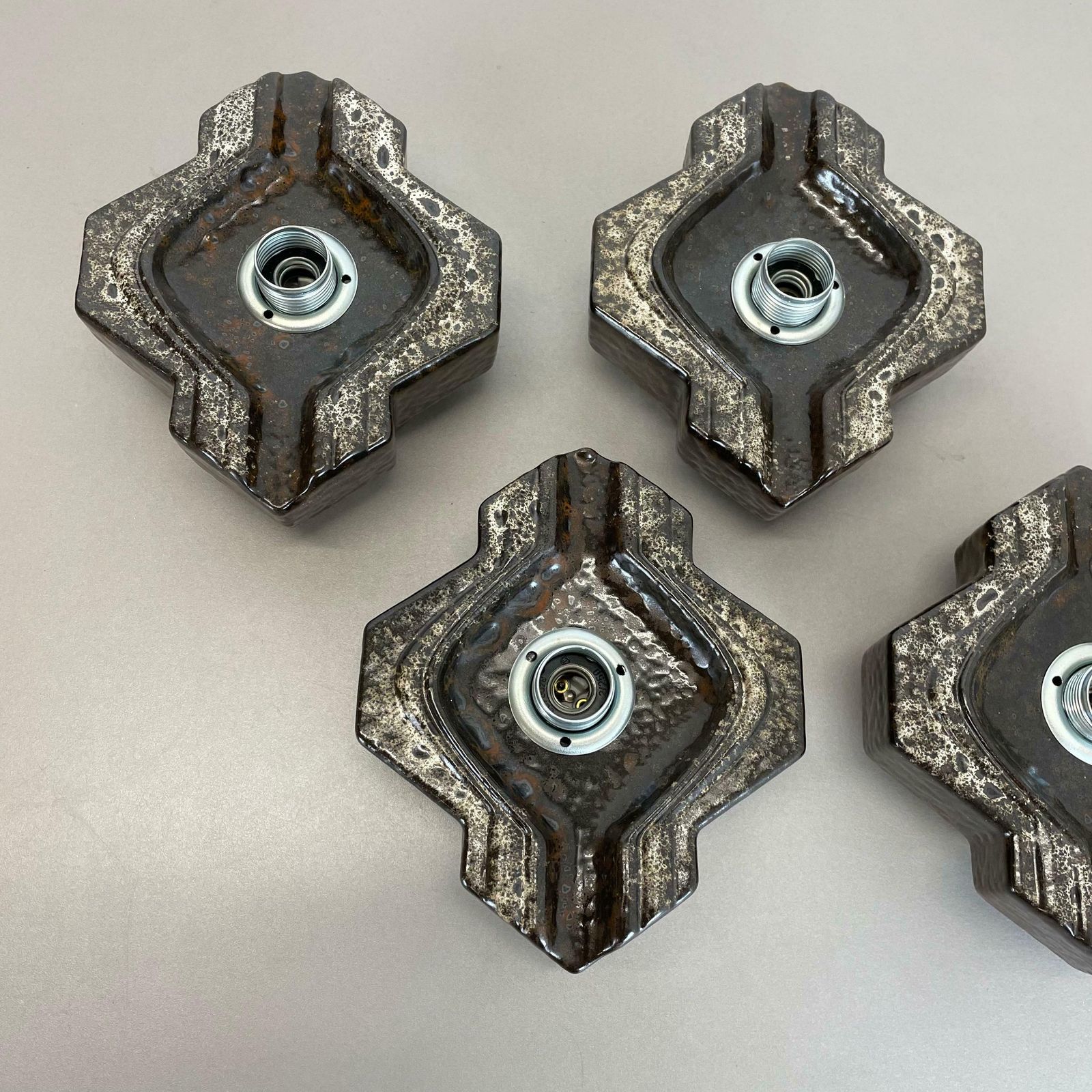 Set Of Four Brown Beigeceramic Fat Lava Wall Lights By Pan Ceramics Germany 1970 photo vinterior