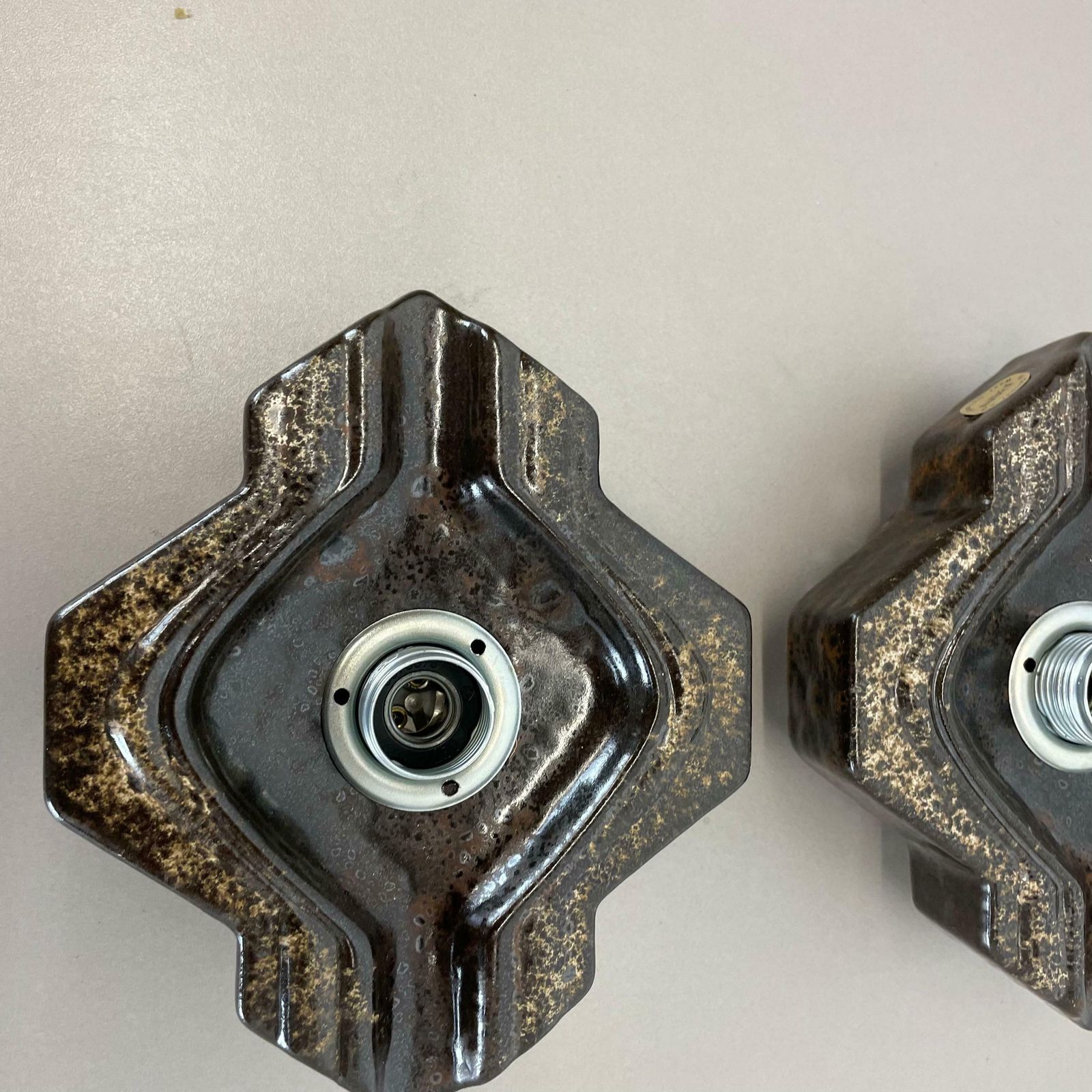 Set Of Two Brown Beige Ceramic Fat Lava Wall Lights By Pan Ceramics Germany 1970 photo vinterior