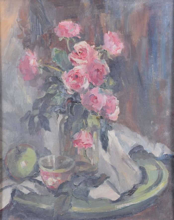 Angela Stones Still Life With Pink Roses Mid 20th Century Oil Painting By Angela Stones Mid Twentieth Century photo furniture
