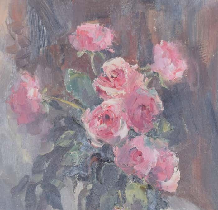 Angela Stones Still Life With Pink Roses Mid 20th Century Oil Painting By Angela Stones Mid Twentieth Century photo for sale