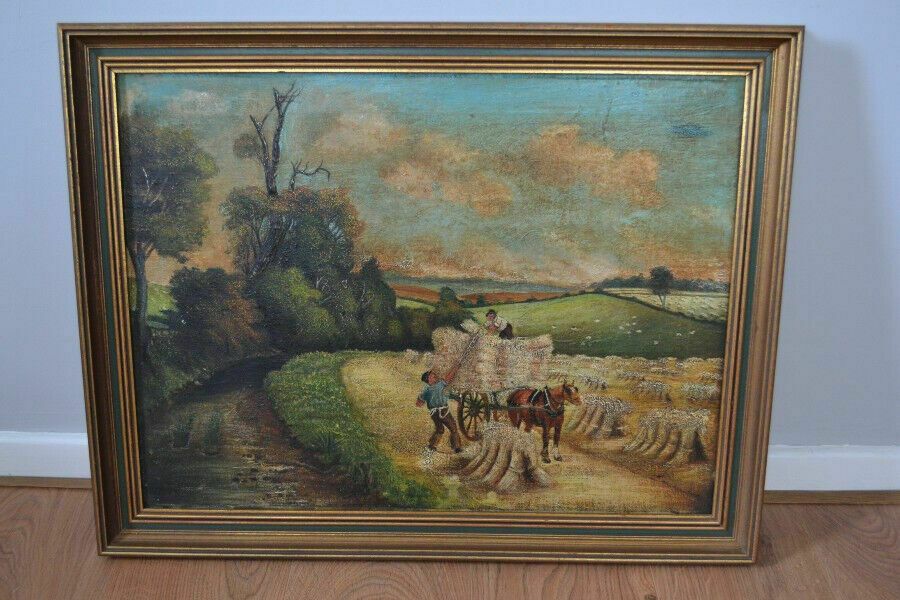 Folk Art Naive Painting Oil On Canvas Rural Stacking Hay