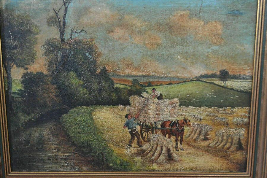 Folk Art Naive Painting Oil On Canvas Rural Stacking Hay photo furniture