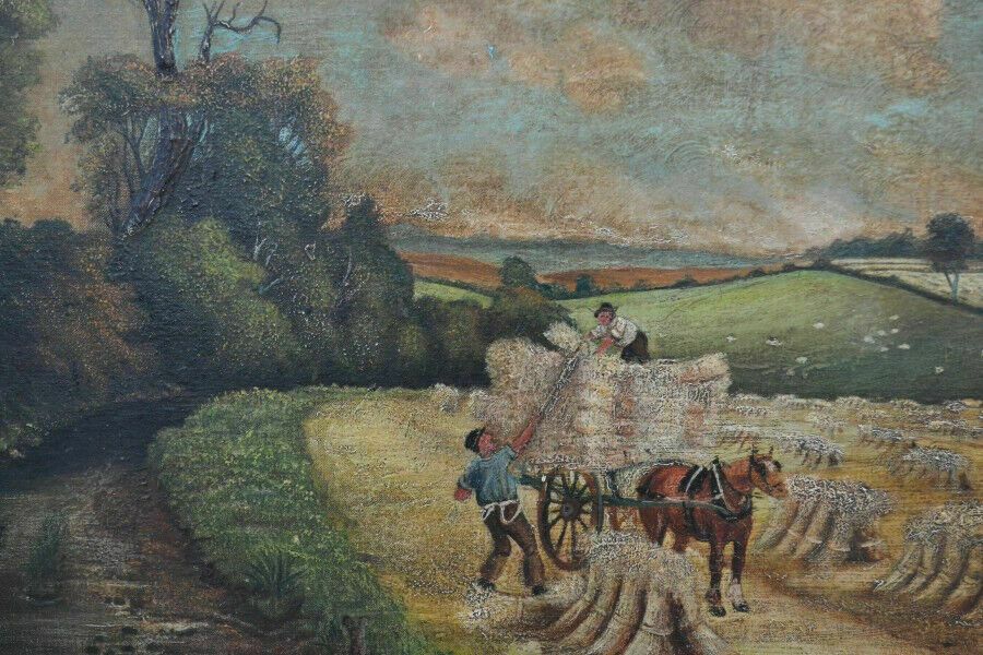 Folk Art Naive Painting Oil On Canvas Rural Stacking Hay photo 180.0