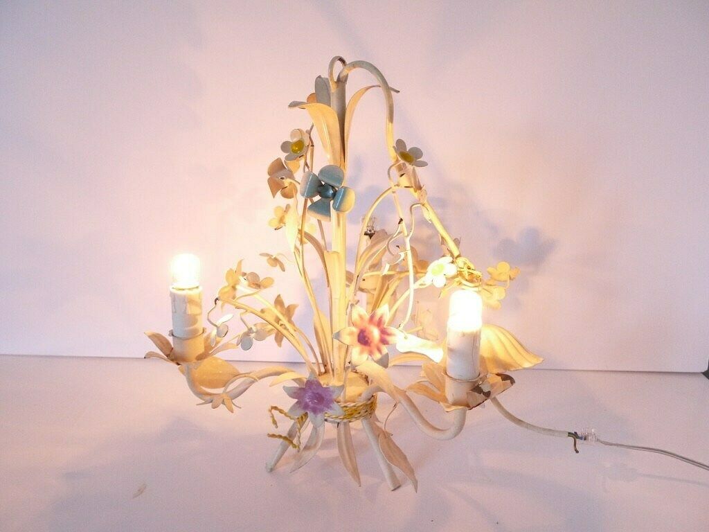 French Vintage Metal Tole Chandelier Yellow Voilet And Blue Green Multifloral  Light Fixture Pendant photo furniture