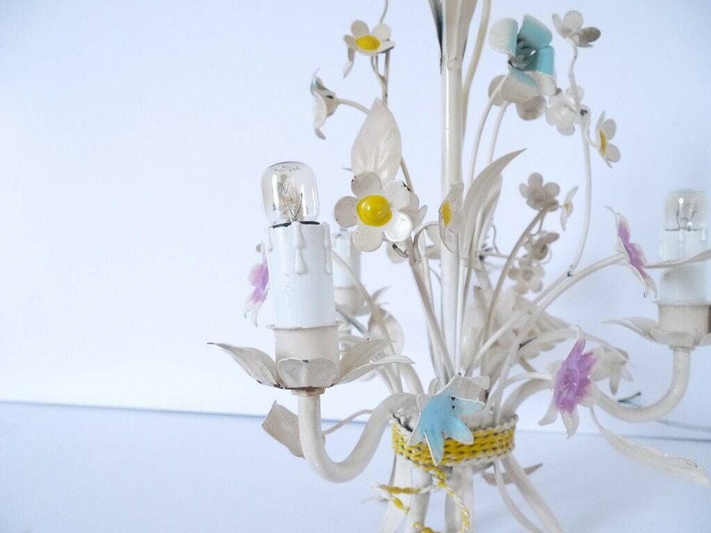 French Vintage Metal Tole Chandelier Yellow Voilet And Blue Green Multifloral  Light Fixture Pendant photo vinterior
