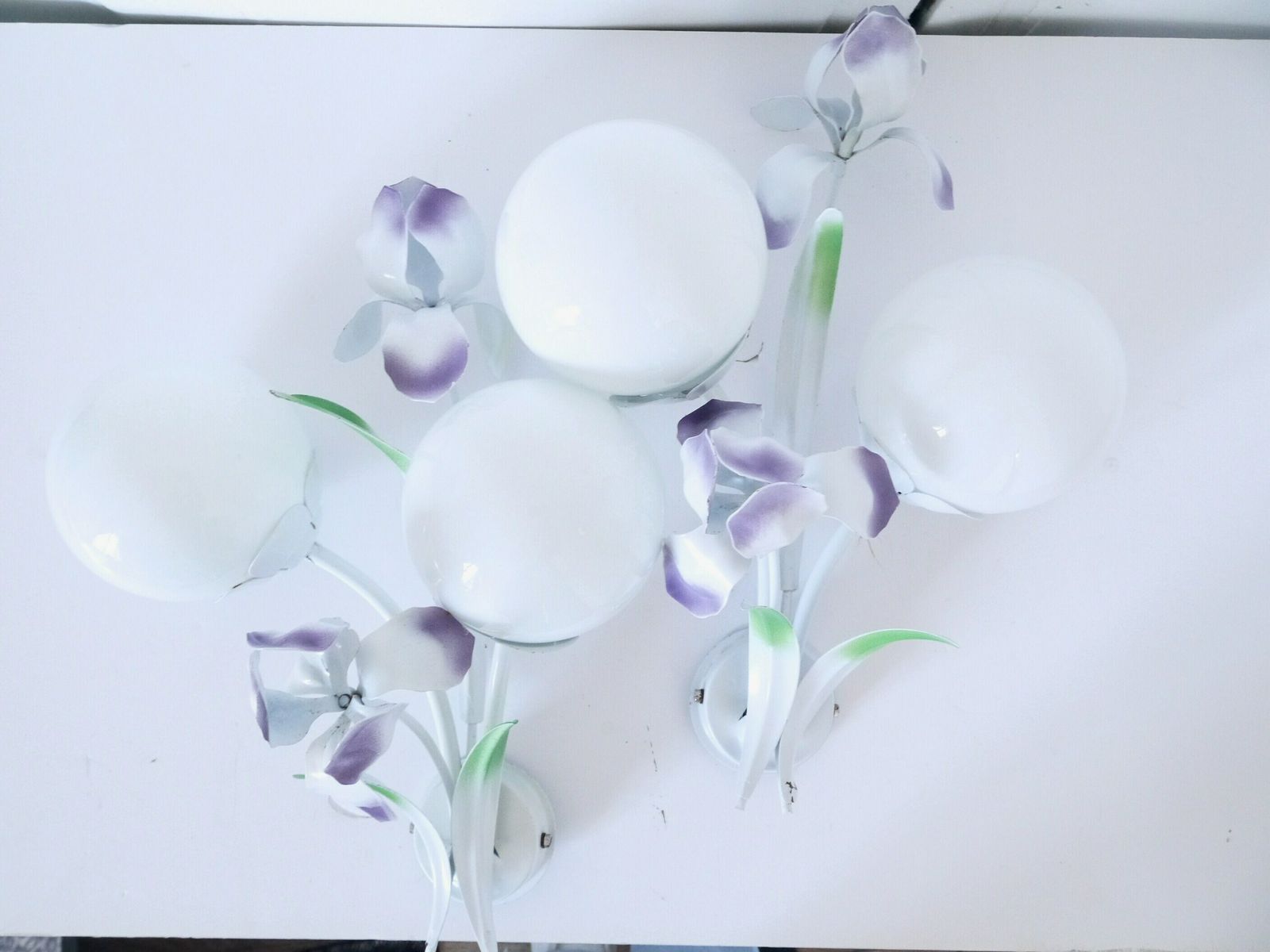 French Vintage Tole Floral Wall Sconces Iris Flowers Vintage Shabby Chic Cottage Whimsy Metal