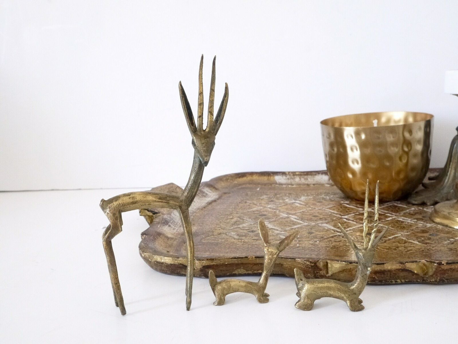 Mid Century Brass Of Antelope Figurines Ibex Deer Family Statue Art Woodland Animal Gazelle Sculpture Handmade photo furniture