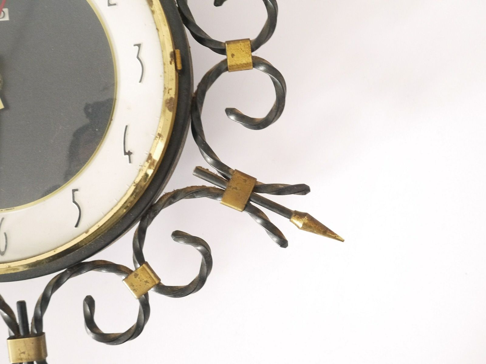 French Vintage Mid Century Modern Wall Metal And Brass Clock photo vinterior