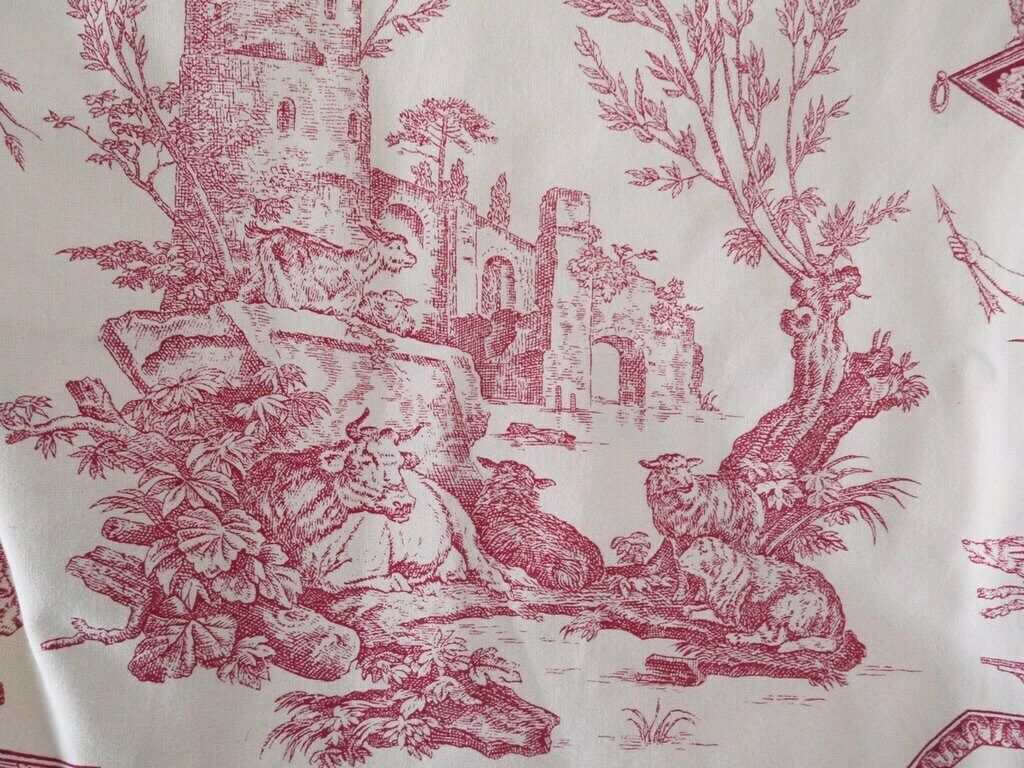 French Antique Drape Curtains Provencal French Toile De Jouy 30x95 Long Panels Window Pair (2) Red Farm Animals photo 215.0
