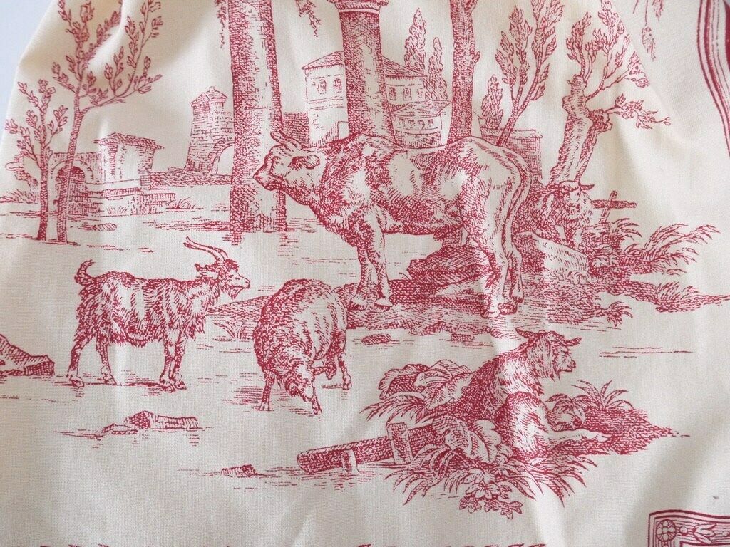 French Antique Drape Curtains Provencal French Toile De Jouy 30x95 Long Panels Window Pair (2) Red Farm Animals photo vintage