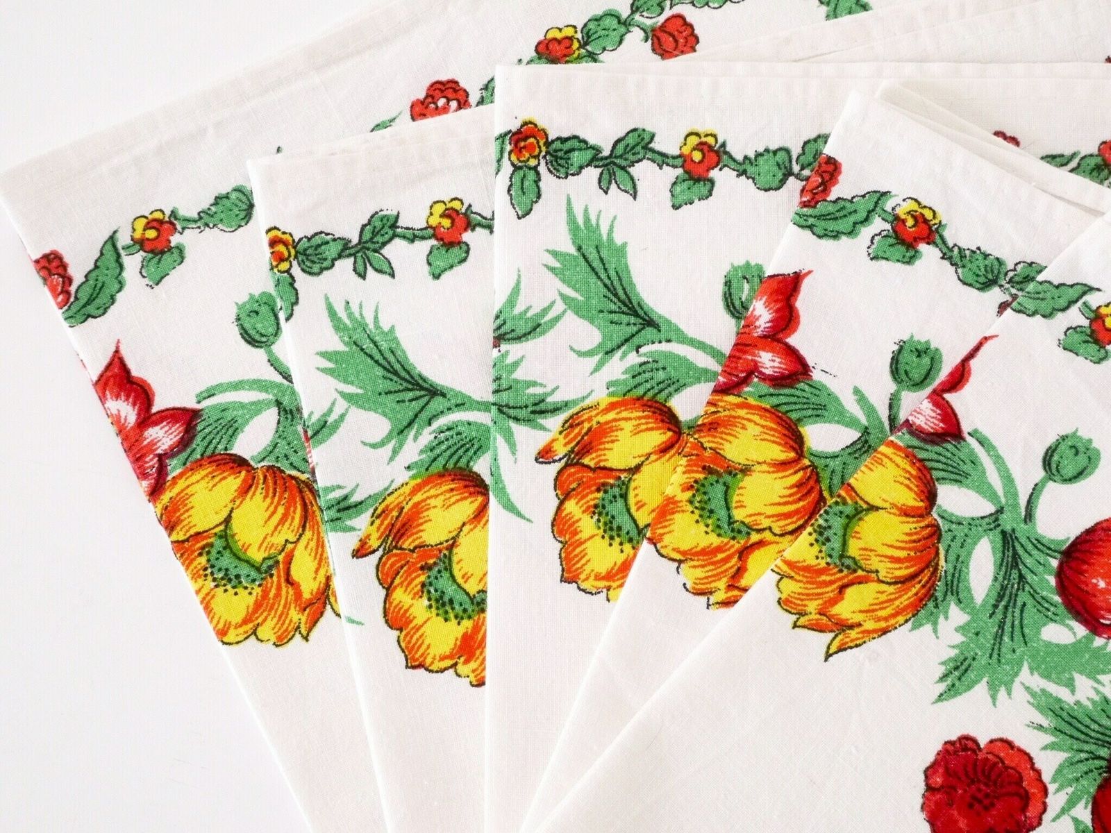 French Provençal Tablecloth Floral Barkcloth Tablecloth And Napkins Red And Yellow photo Textiles