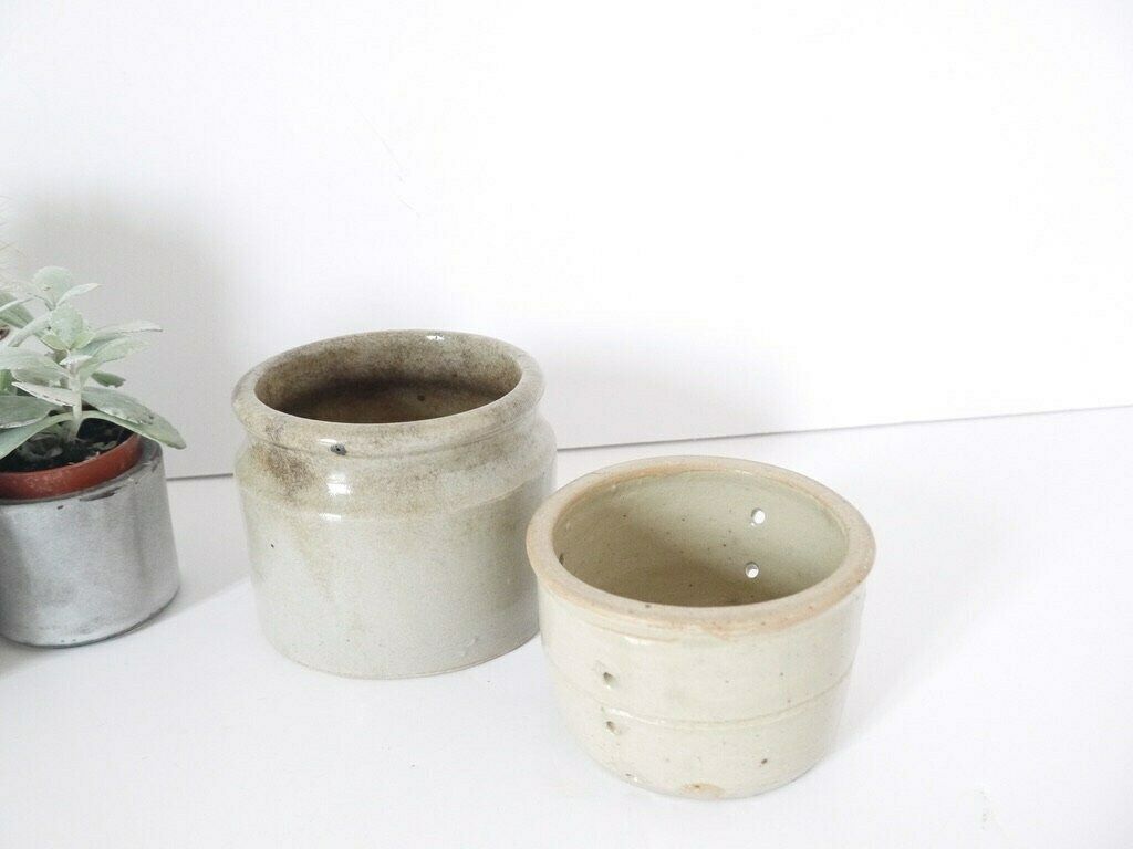 Antique French Ironstone Preserve Pots Stoneware Set Of 2 photo Home Decor