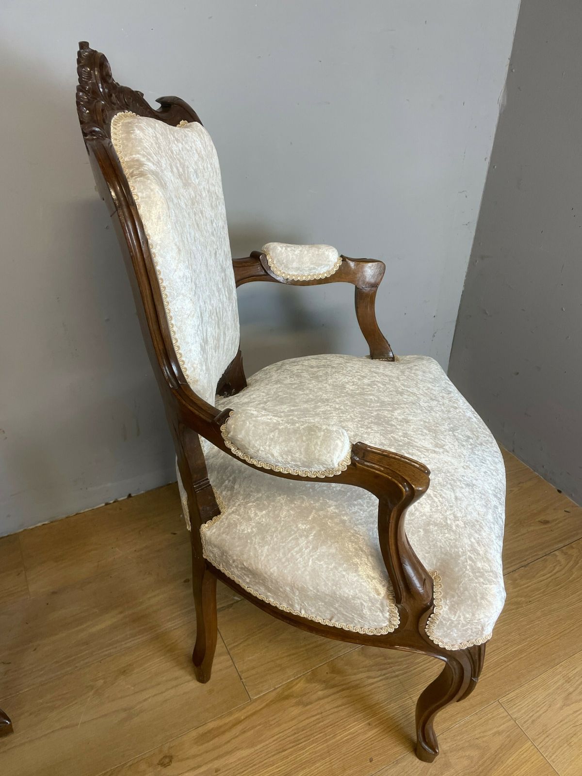 Pair Of French Carved Walnut Open Armchairs C.1910 photo vintage