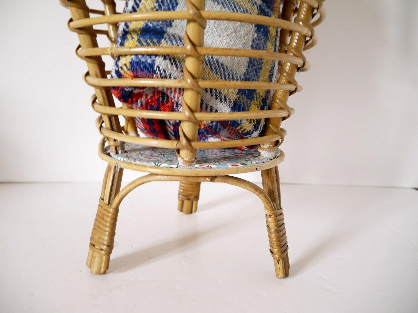 Vintage Mid Century Mod Rattan Bamboo Plant Rack Basket Holder Sewing Basket photo buy