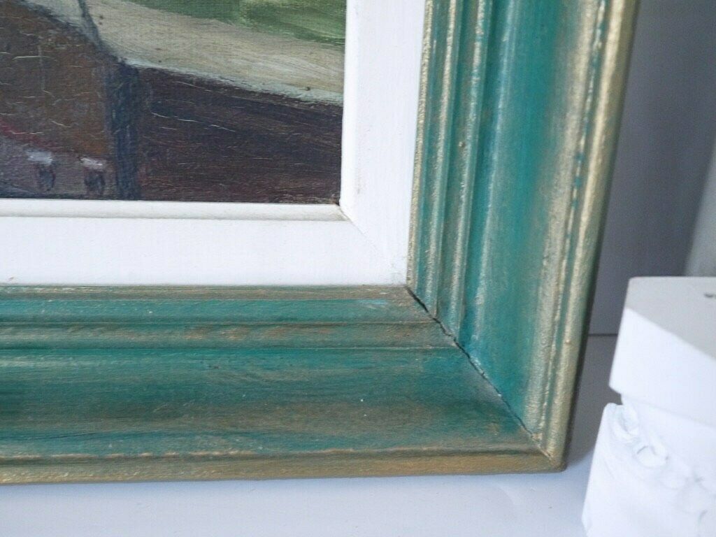 French Vintage Oil Painting Of A Townhouses River Bridge Scene Rustic Primitive photo vinterior