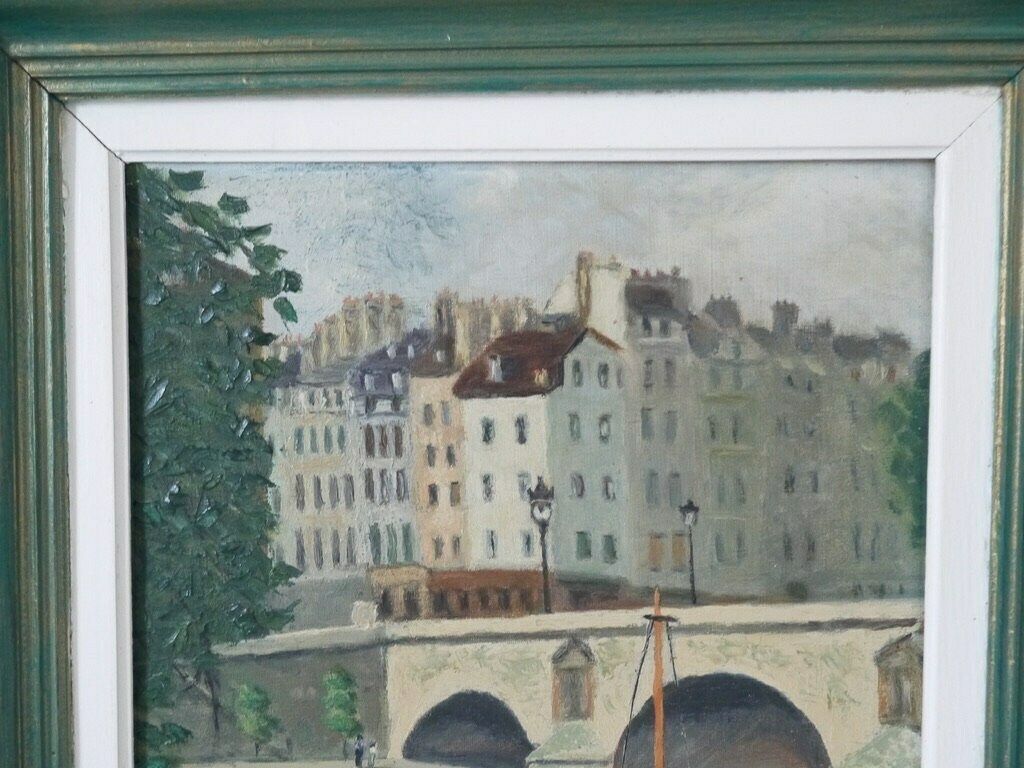 photo furniture French Vintage Oil Painting Of A Townhouses River Bridge Scene Rustic Primitive