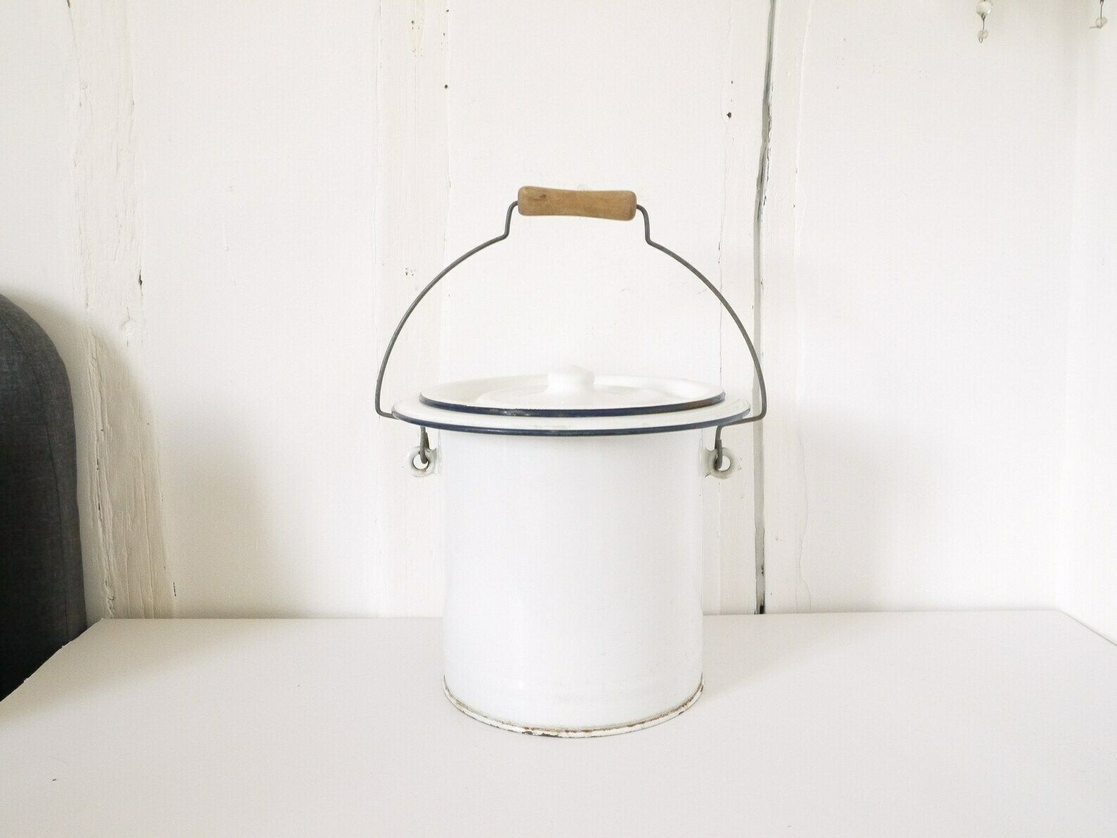 French Vintage White Enamel Metal Bucket Large With Cover photo Home Decor
