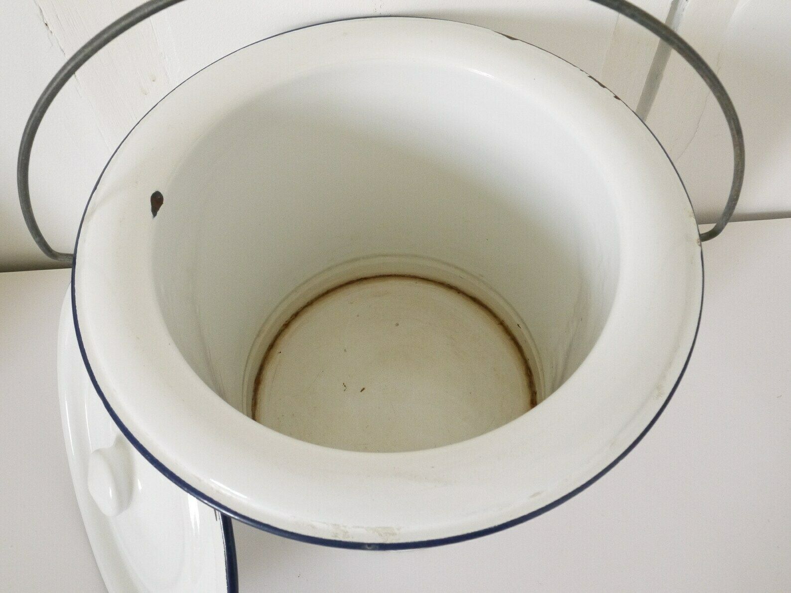 French Vintage White Enamel Metal Bucket Large With Cover photo vintage