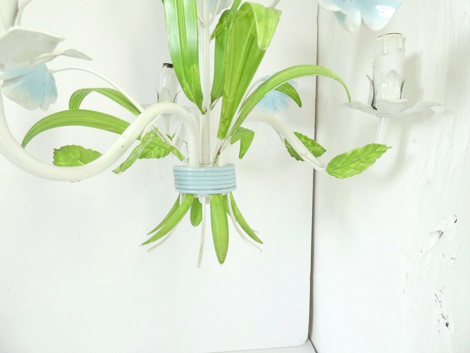 French Vintage Metal Chandelier Blue Morning Glory Floral Tole Chandelier  Light Fixture Pendant photo for sale