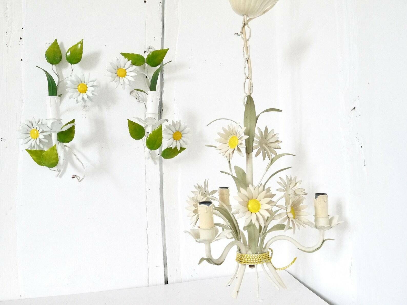 French Vintage Metal Chandelier And Sconces Daisies Light Fixture Pendant Functional