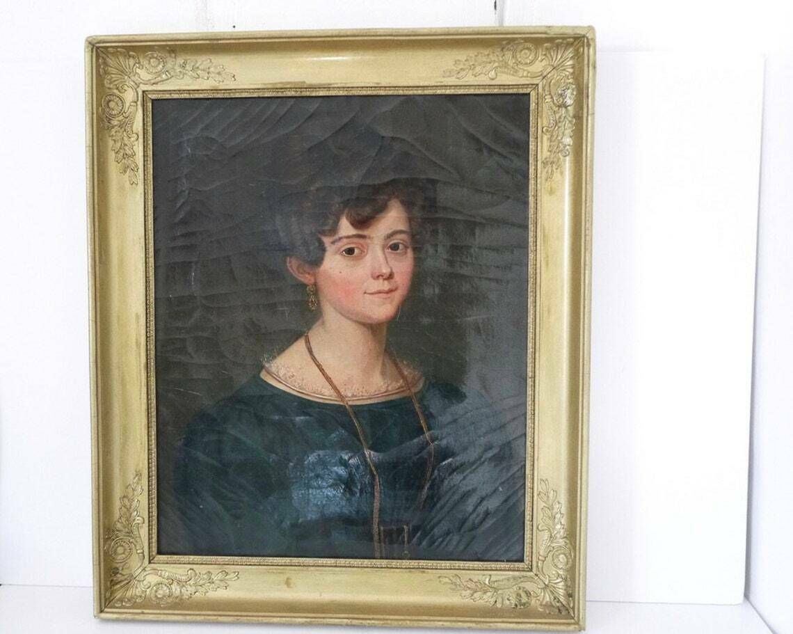 French Oil Portrait Painting 19c Women In Green Velvet Dress