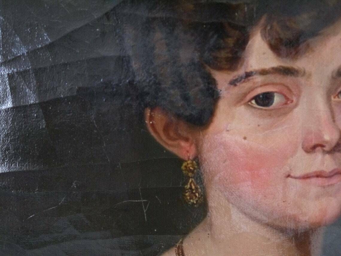 French Oil Portrait Painting 19c Women In Green Velvet Dress photo vintage