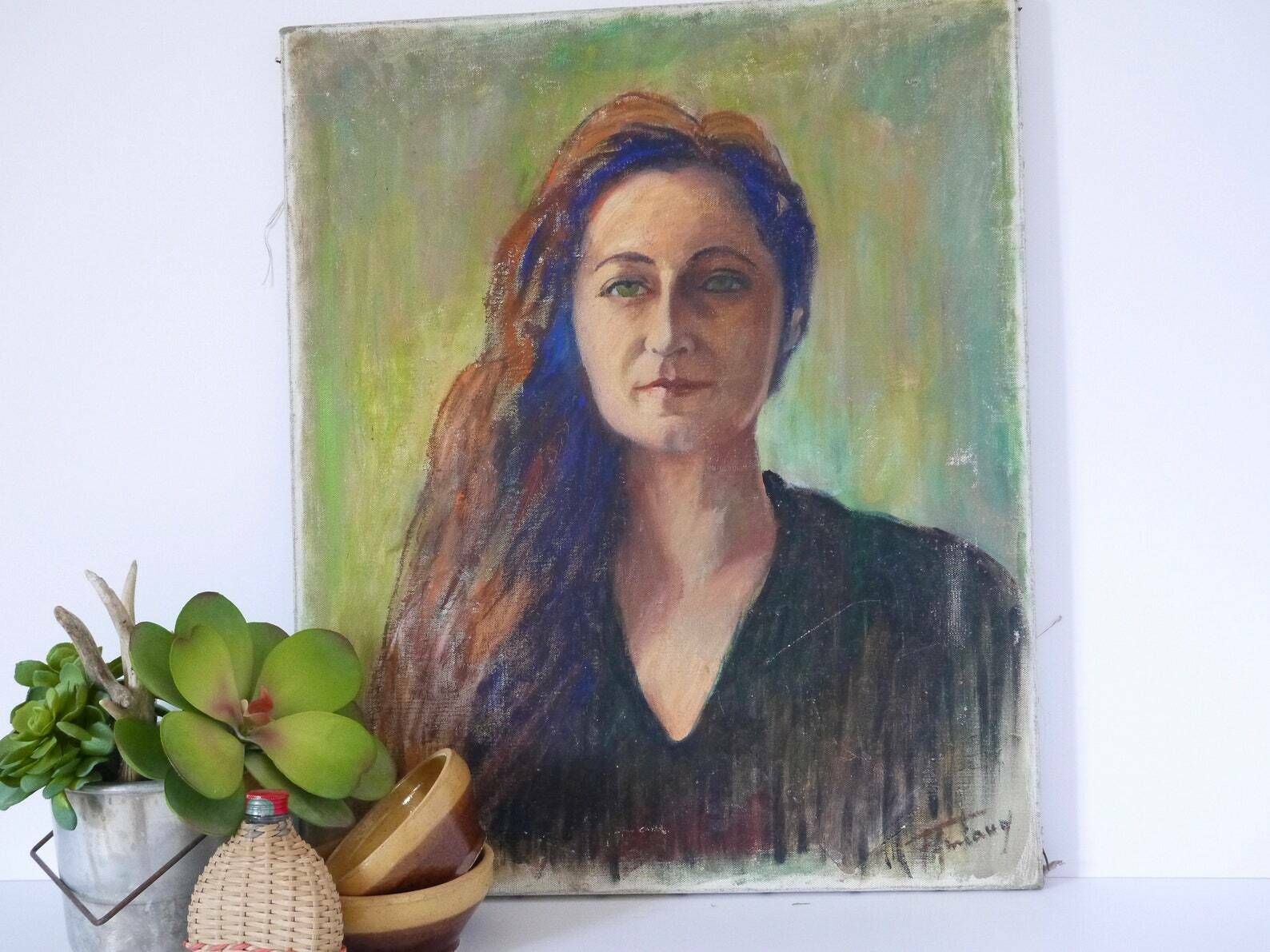 French Vintage Portrait Oil Panting Young Red Haired Women Unframed