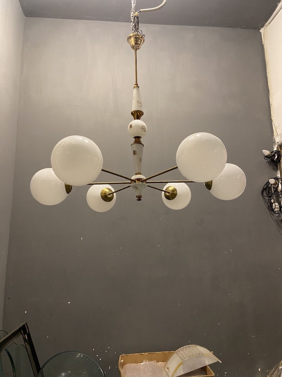 1960’s Sputnik Brass Opaline Glass Chandelier 6 Lights photo for sale