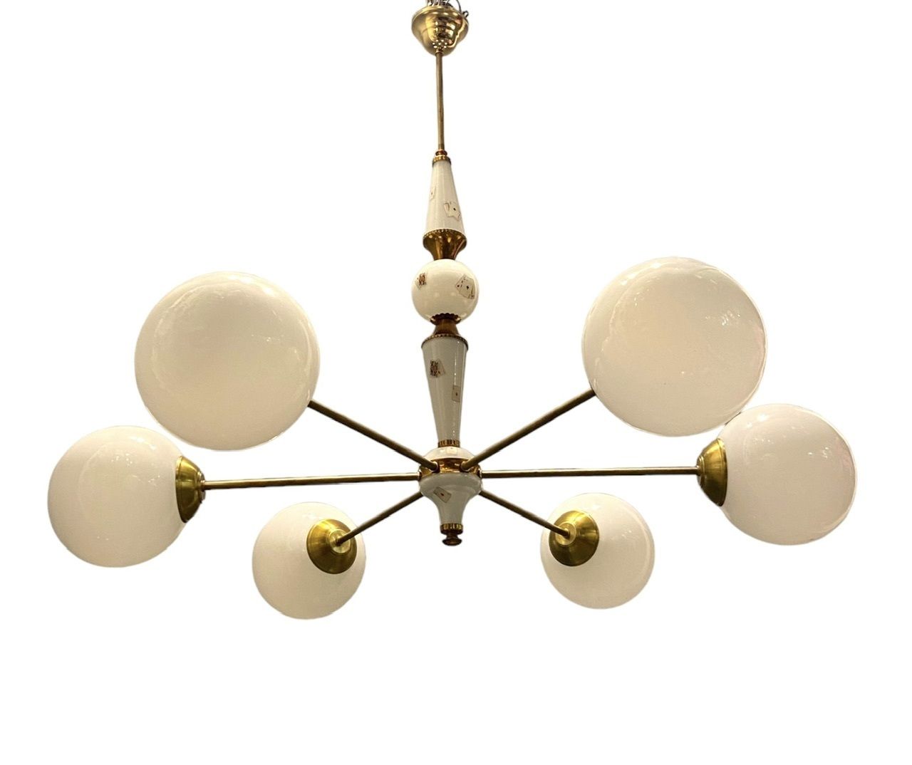 1960’s Sputnik Brass Opaline Glass Chandelier 6 Lights