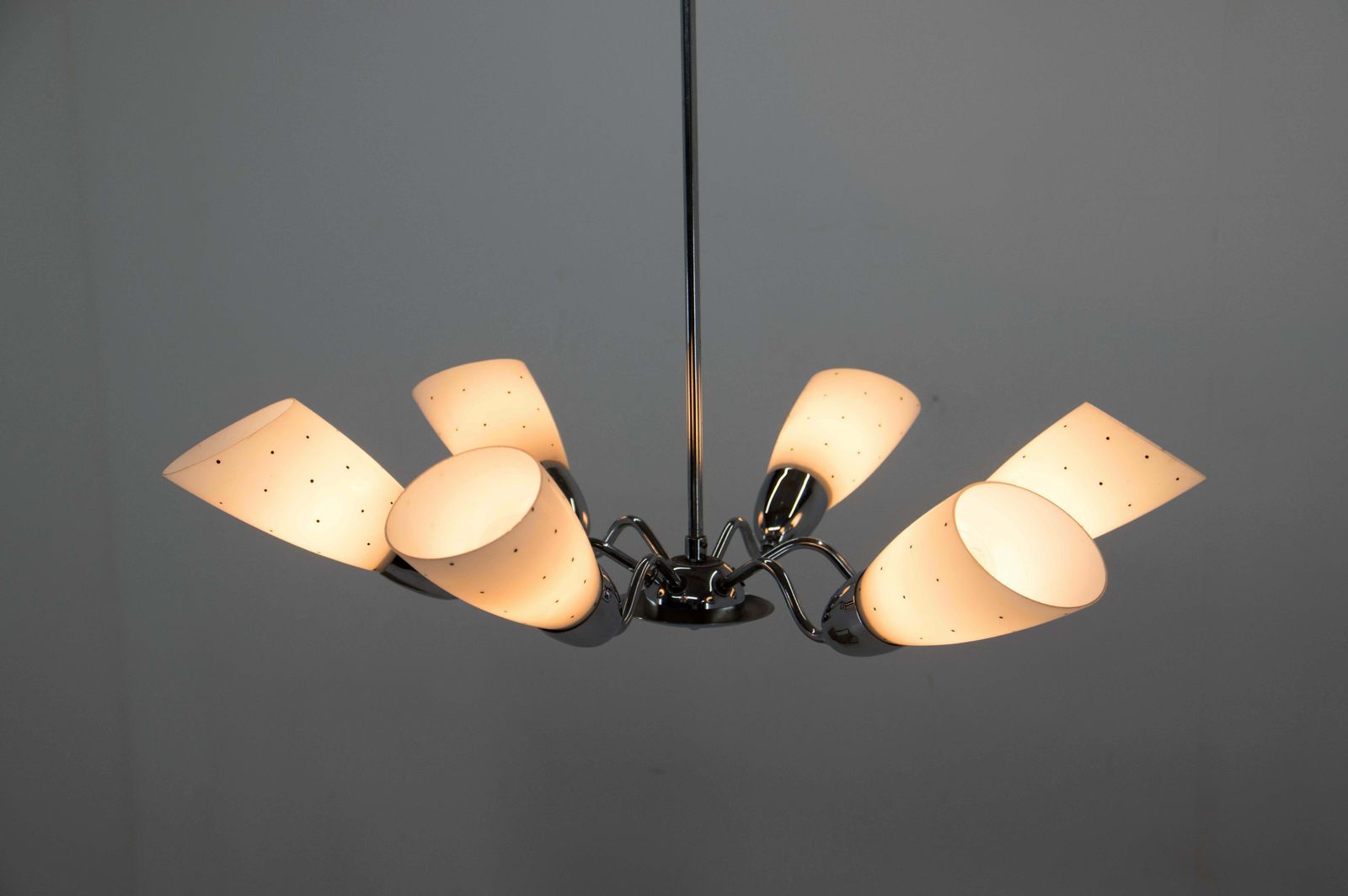 Lighting Mid Century Chrome Plated 6 Flamming Chandelier By Instala Decin, 1950s photo