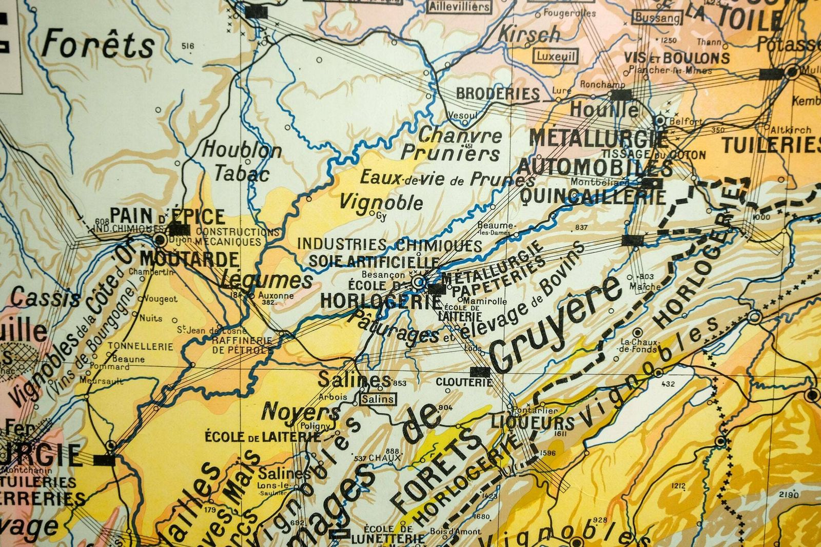Original 1950s Large Vintage French Educational School Wall Chart Jura Double Sided Map Beautiful Rare Paul Kaeppelin Lyon Geneva Grenoble photo vintage