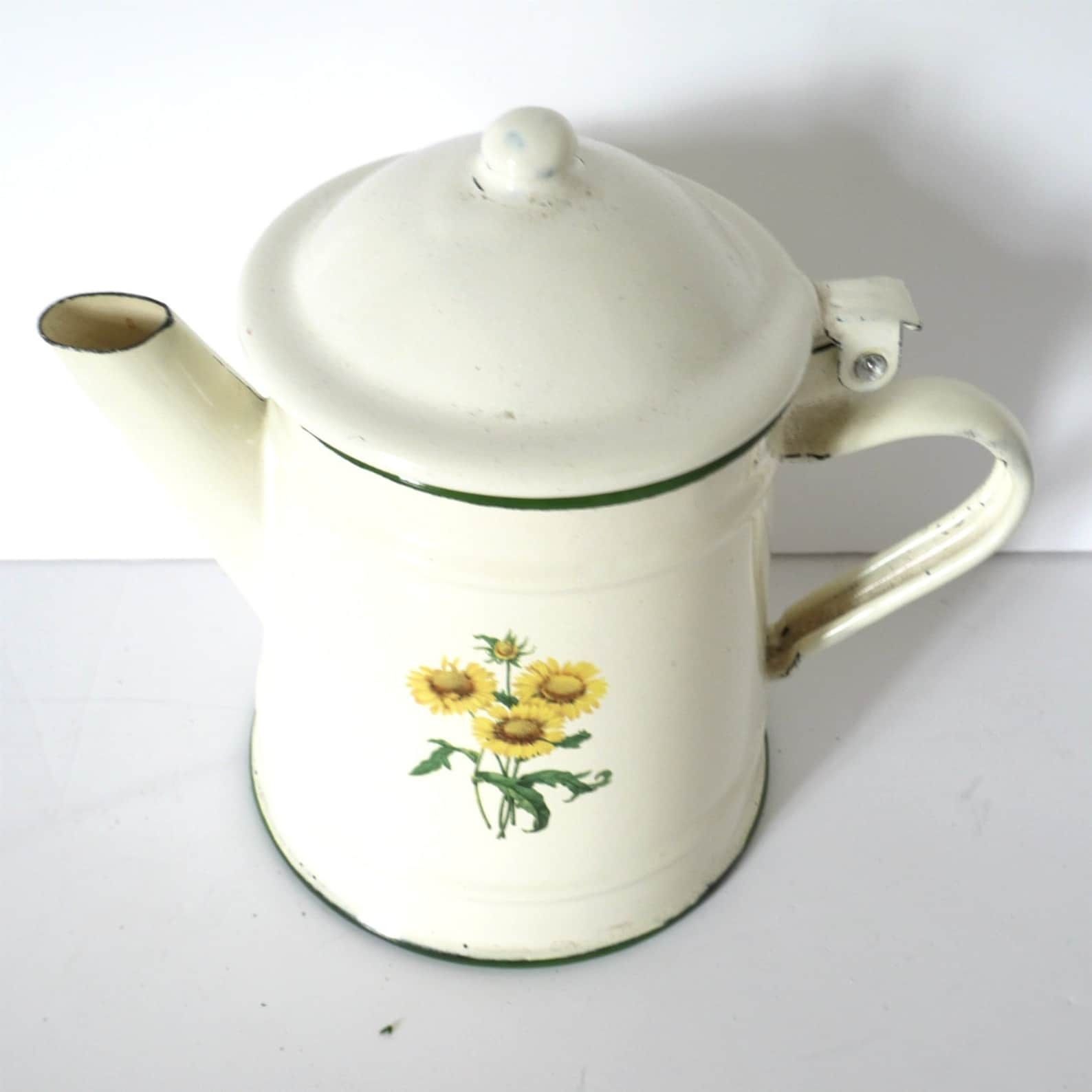French Vintage Coffee Pot Ivory With Sunflowers Enamel Metal photo Home Decor