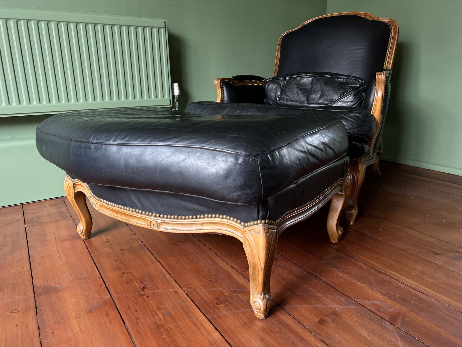 French Antique Chaise Lounge, Duchesse Brisée, Louis XVI Style, Hand Carved 2 Piece, Leather, With Fire Labels photo Furniture