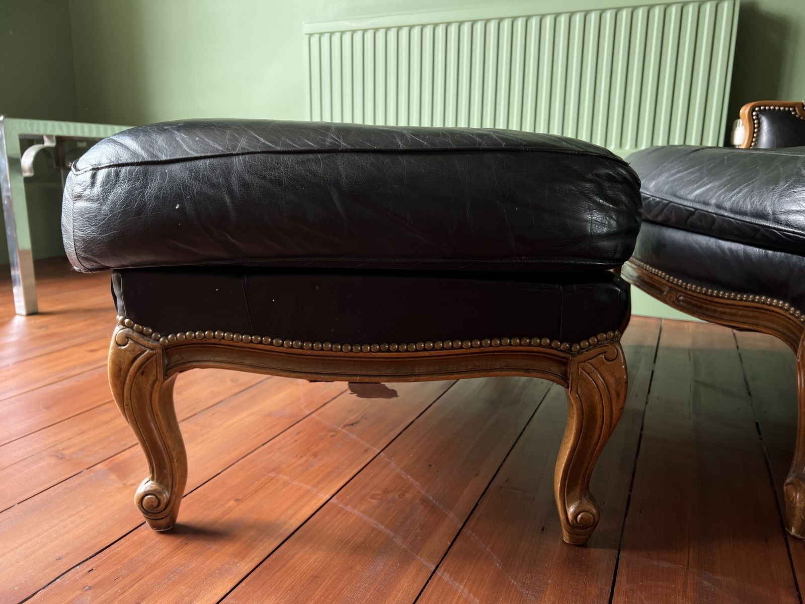 French Antique Chaise Lounge, Duchesse Brisée, Louis XVI Style, Hand Carved 2 Piece, Leather, With Fire Labels photo 2200.0
