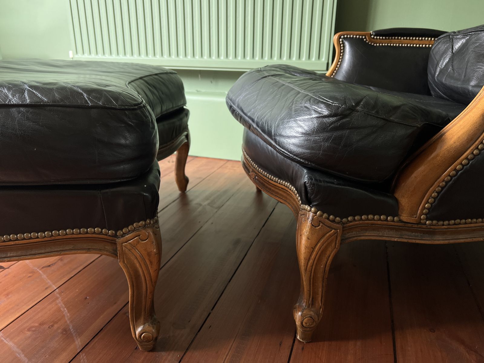 French Antique Chaise Lounge, Duchesse Brisée, Louis XVI Style, Hand Carved 2 Piece, Leather, With Fire Labels photo buy