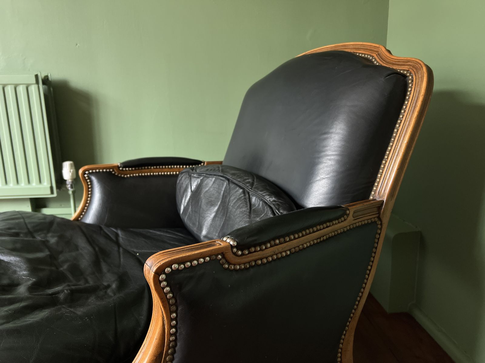 French Antique Chaise Lounge, Duchesse Brisée, Louis XVI Style, Hand Carved 2 Piece, Leather, With Fire Labels photo vintage