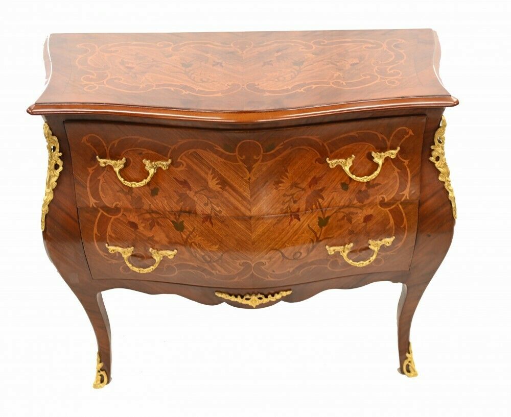 French Bombe Commode Marquetry Inlay Chest Drawers photo for sale