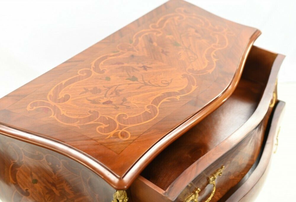 photo for sale French Bombe Commode Marquetry Inlay Chest Drawers