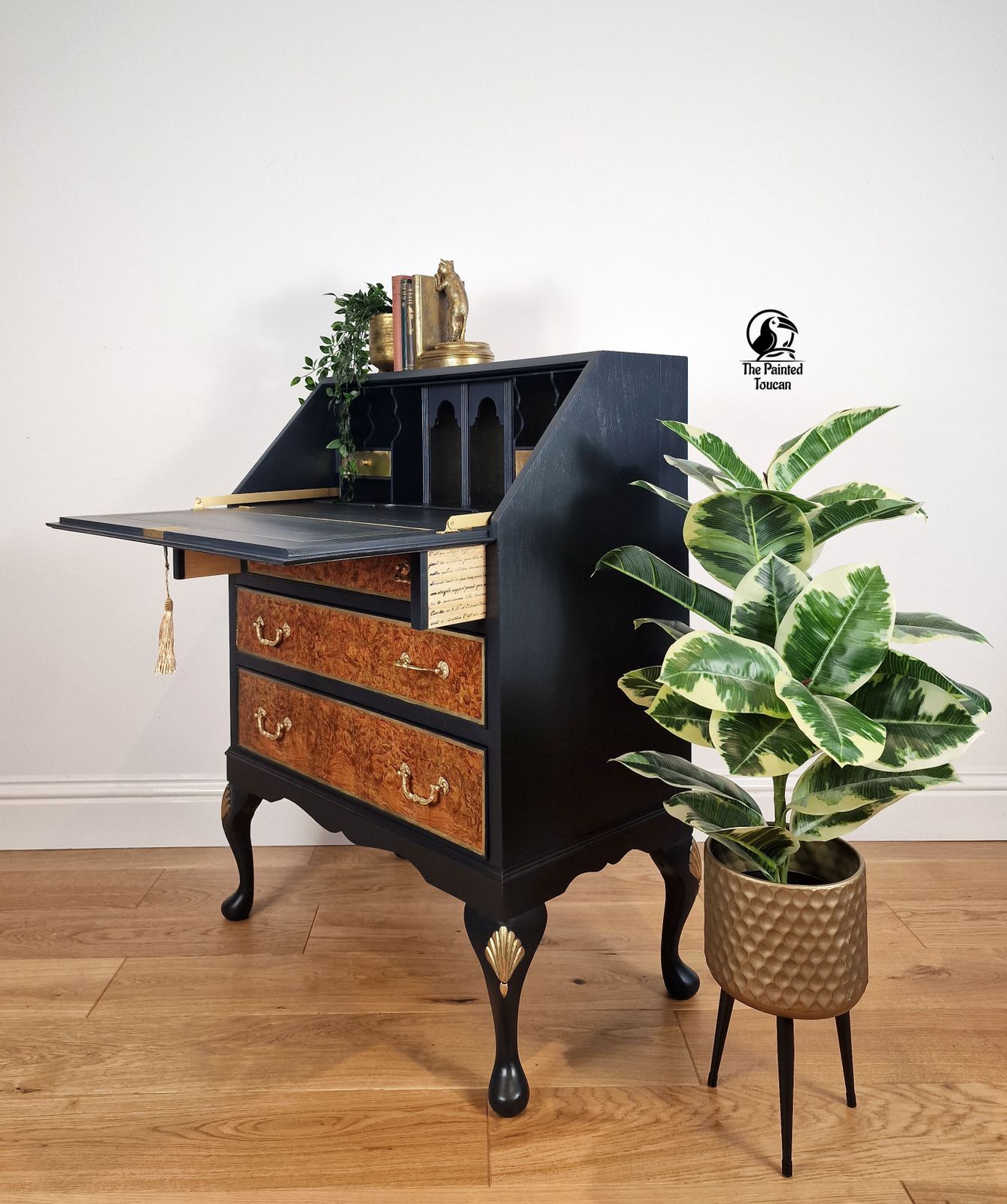 Burr Walnut Writing Desk Bureau, Dark Blue And Gold Custom Order photo buy