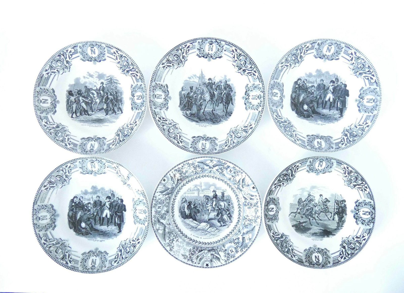 Antique Transfer Ware Plates Ironstone Black White Creil Plates, 19c Set Of Six Napoleon Bonaparte Theme
