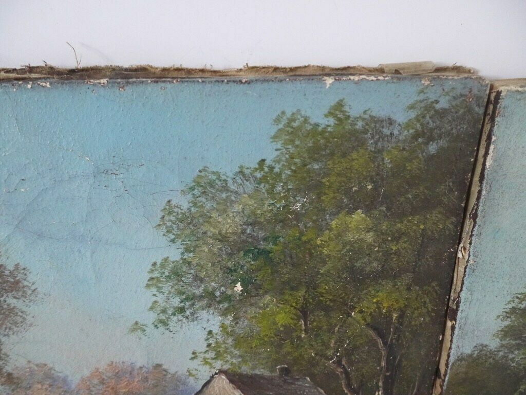 French Vintage Set Of 2 Two Oil Paintings Of A Countryside Windmill And House Landscape photo buy