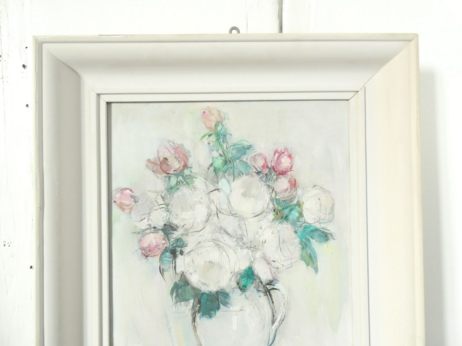 French Vintage Floral Rose Still Life Signed Mid Century Pastel Roses photo furniture