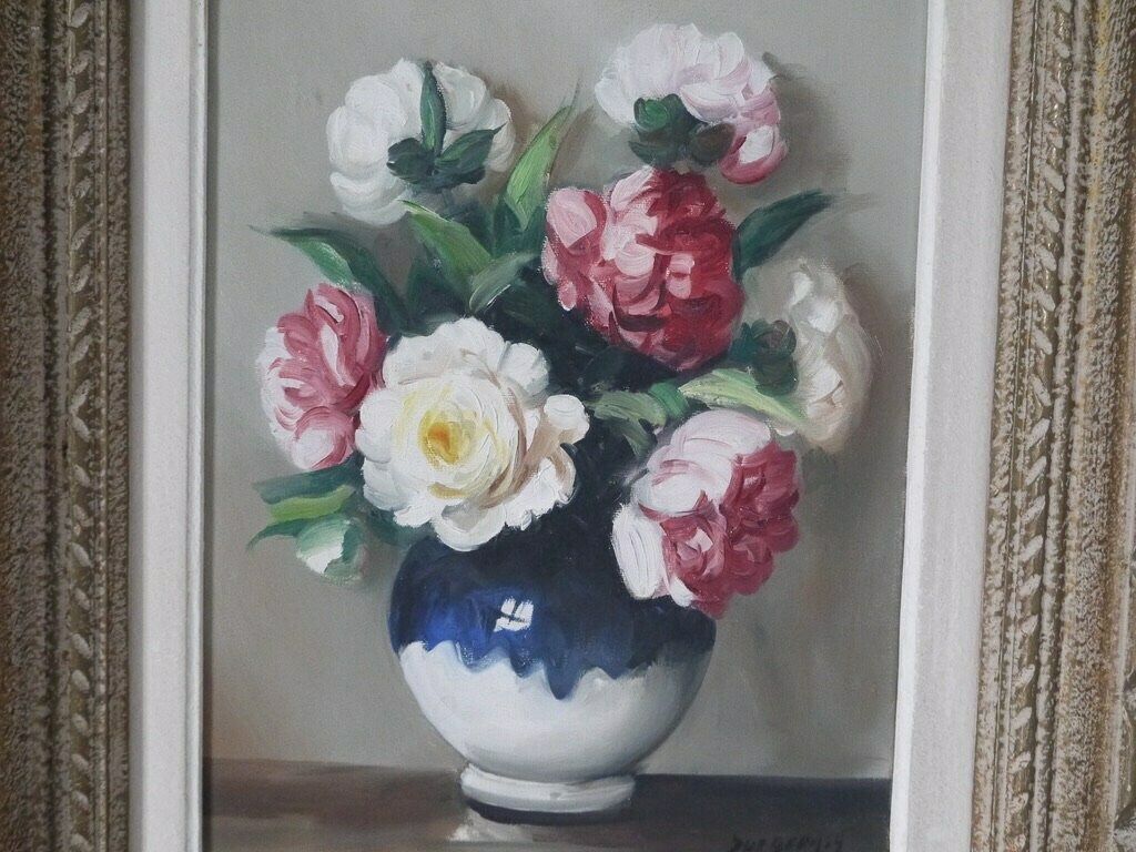 French Vintage Floral White And Pink Roses Still Life Signed photo vinterior